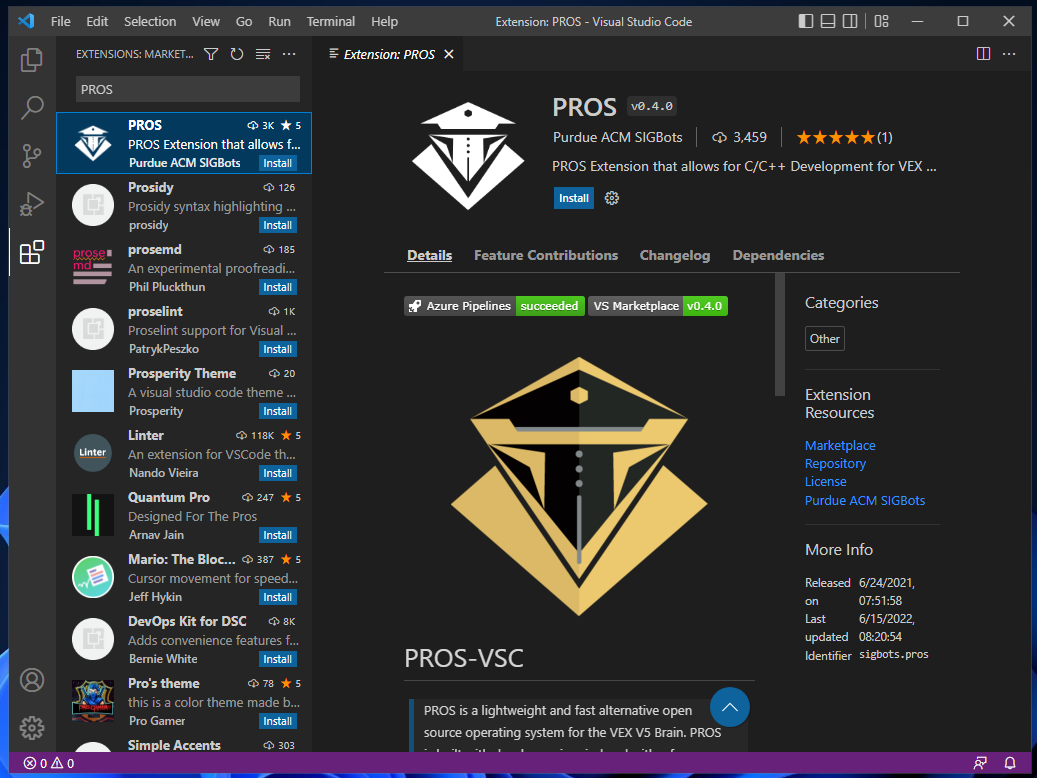 PROS extension page.