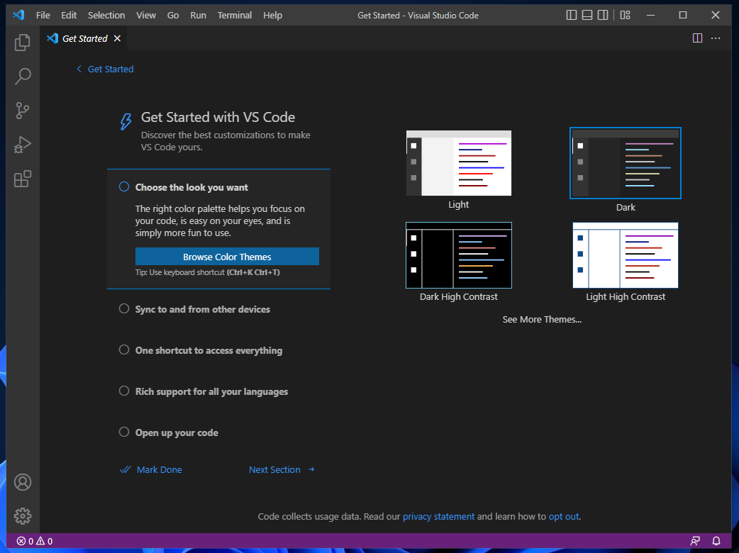 VSC start page.